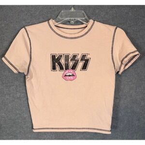 Y2K Twee KISS Band Crop Top L Pink Contrast Stitch Graphic Baby Tee Y2K